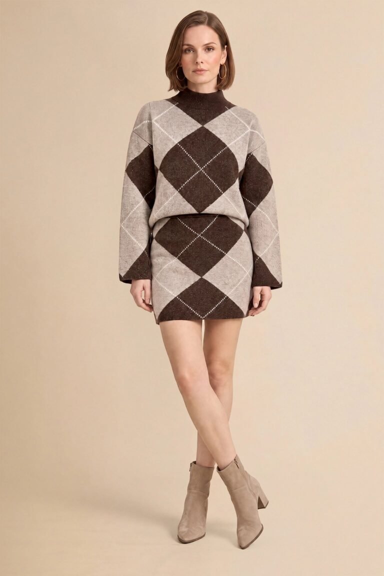 Womens Camel Argyle Sweater Mini Skirt Sets| CicyBell - Camel / X-Small