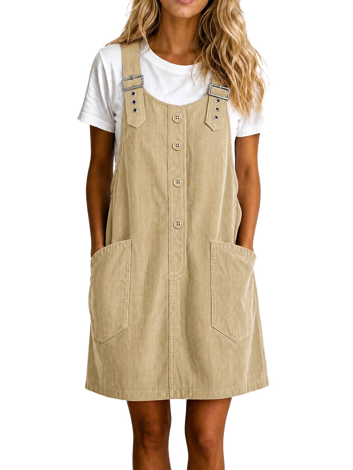 Womens Khaki Corduroy Overall Dress | CicyBell - Khaki / Small