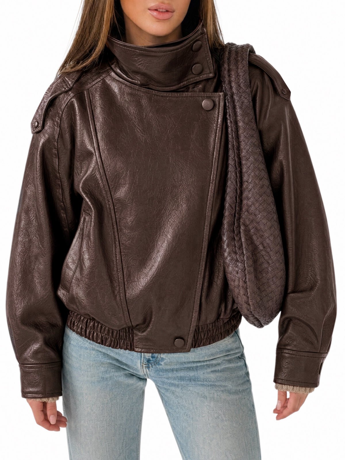 Womens Coffee Faux Leather Jackets | CicyBell - Coffee / XS