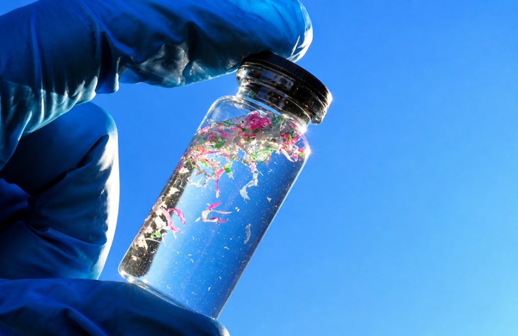 Small bottle containing tiny microplastic pollution and particles collected from the environment