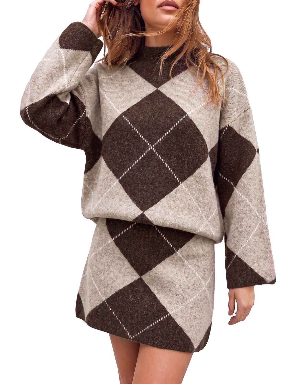 Womens Camel Argyle Sweater Mini Skirt Sets| CicyBell - Camel / X-Small