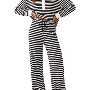 Womens Striped Polo Shirts Wide Leg Pants Sets | Cicy Bell - Black / X-Small