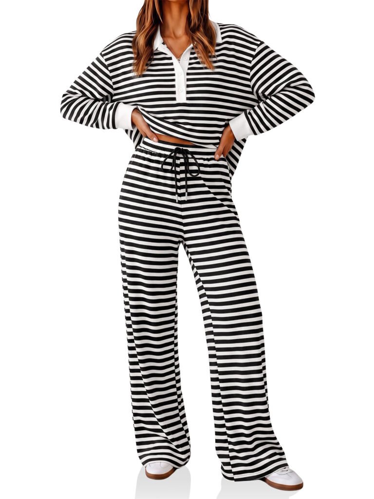 Womens Striped Polo Shirts Wide Leg Pants Sets | Cicy Bell - Black / X-Small