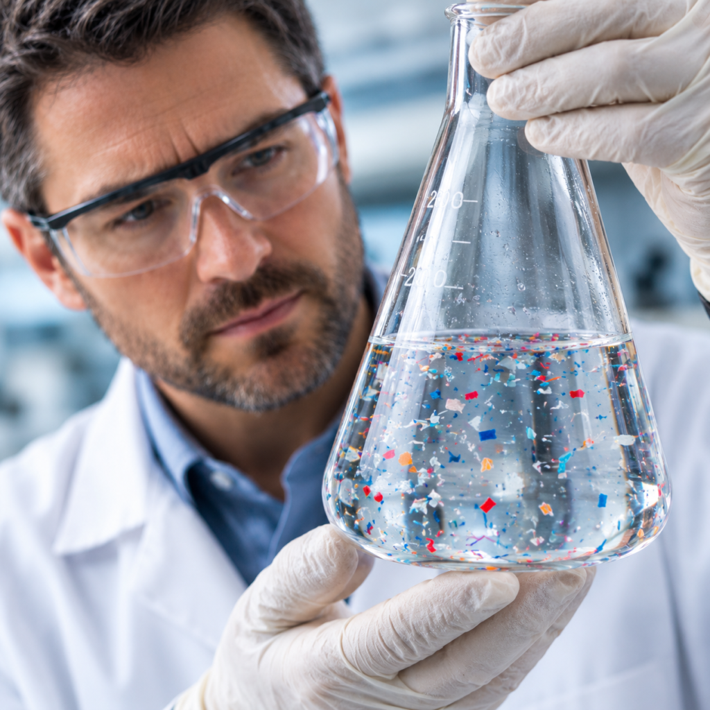 Scientist holding a glass laboratory vessel while examining a sample during scientific testing.